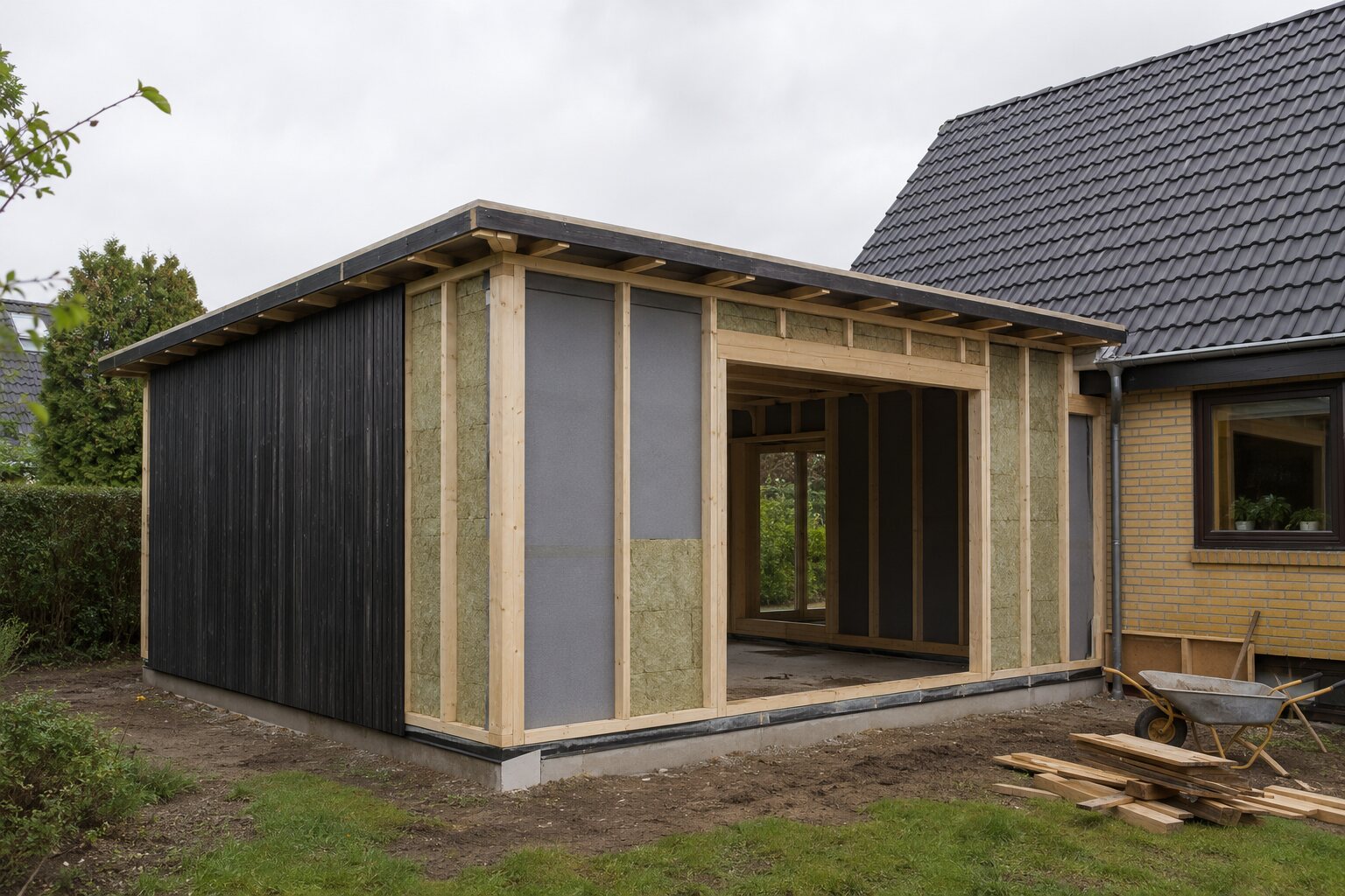 Illustration af en tilbygning i træ under opførelse